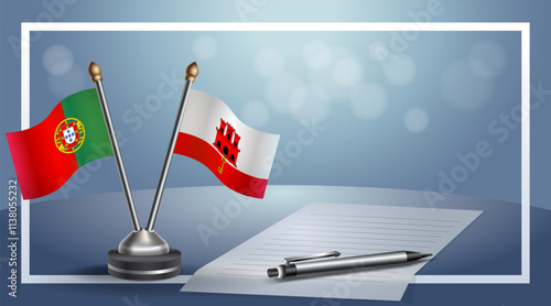 Portugal and Gibraltar National flags on small table with bokeh background, cooperative relationship