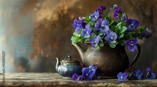 Vintage teapot with a small bouquet of vibrant forest violets arranged beautifully on a rustic wooden table creating a charming still life. photo