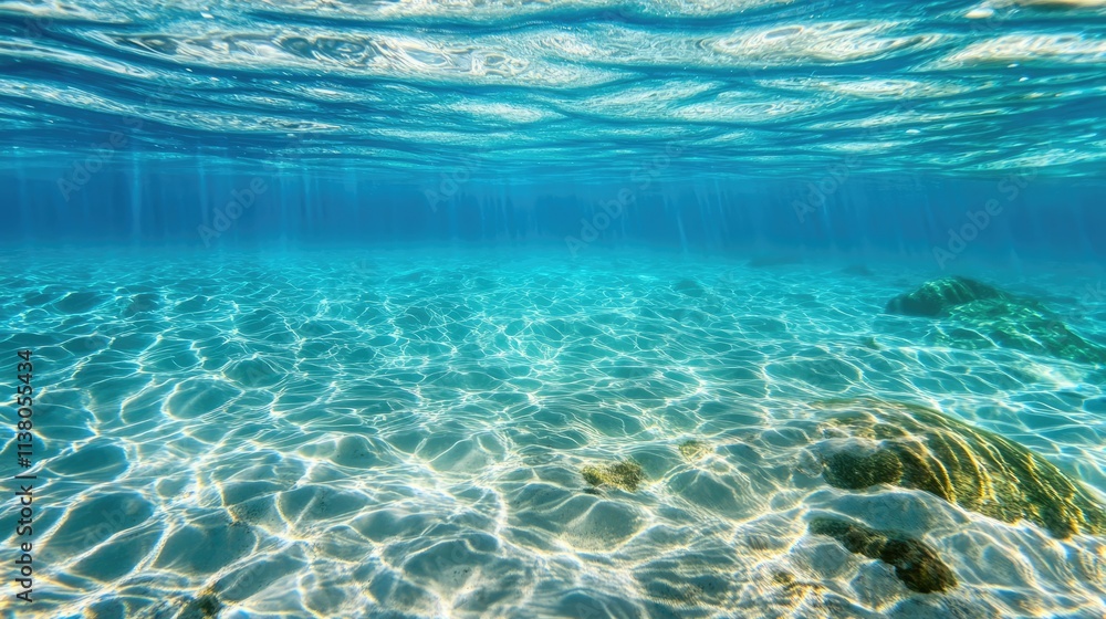 Obraz premium Crystal clear underwater shot showcasing vibrant sunlit textures and reflections on the serene sea water surface with rocky seabed elements.
