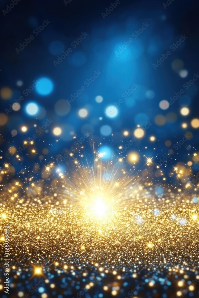 Stunning blue and gold bokeh background with sparkling lights for festive and celebratory themes. Stunning blue and gold bokeh background with sparkling lights for festive and celebratory themes.
