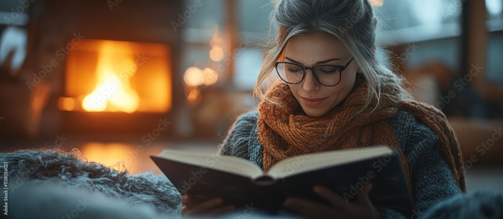 Fototapeta premium Woman reading book by fireplace.