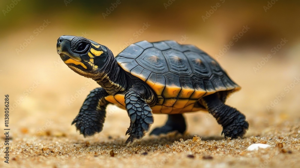 Baby turtle navigating sandy terrain towards the sea instinctively showcasing the challenges of wildlife and natural habitats. Baby turtle navigating sandy terrain towards the sea instinctively showcasing the challenges of wildlife and natural habitats.