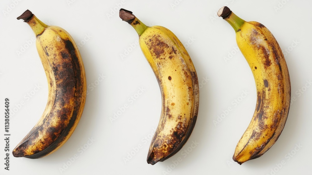 Three ripe bananas with brown spots arranged on a clean white background, showcasing their natural texture and color variations. Three ripe bananas with brown spots arranged on a clean white background, showcasing their natural texture and color variations.