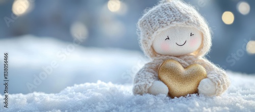 Wallpaper Mural Textile doll with golden heart in hands sitting on snow representing love and warmth in winter seasonal concept. Torontodigital.ca