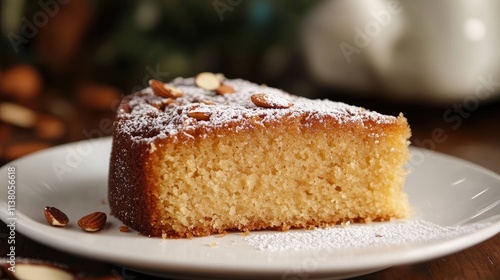 Coffee Almond Cake Slice with Powdered Sugar and Almonds on Elegant White Plate