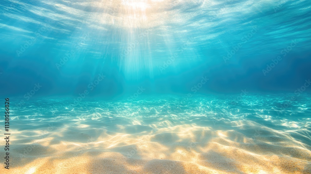Fototapeta premium Tranquil underwater scene with shimmering aqua sea water and sun rays penetrating the surface creating a serene aquatic atmosphere.