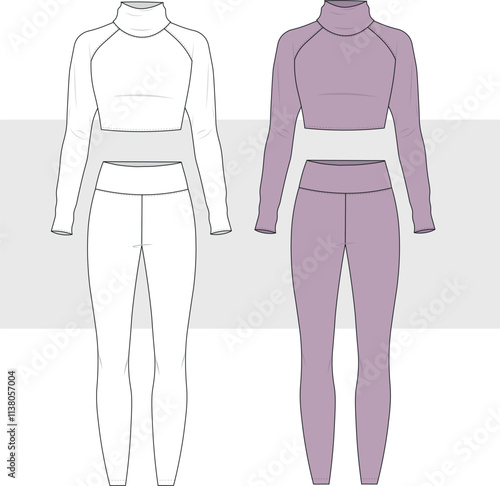 High Turtleneck Raglan Long Sleeve Crop T-Shirt Top and leggings  Fashion Illustration, Vector, Technical Drawing, Flat Drawing mock up.