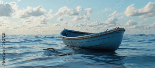 Serene blue dinghy floating gently in the ocean surrounded by calm waters and a coiled rope under a tranquil sky photo