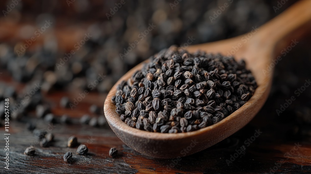 Ajwain seeds displayed in a wooden spoon on a rustic wooden surface showcasing their texture and color in a natural setting. Ajwain seeds displayed in a wooden spoon on a rustic wooden surface showcasing their texture and color in a natural setting.