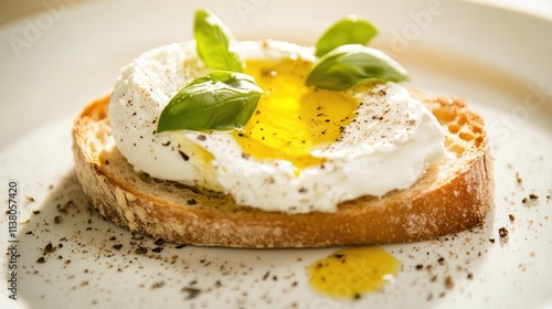 Fresh slice of bread garnished with cream cheese olive oil basil and black pepper on a light plate for a delicious breakfast or brunch option