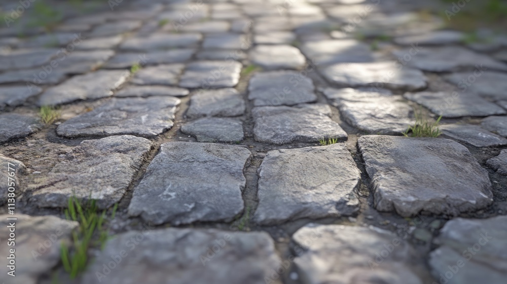 Obraz premium Close up view of an old stone cobblestone pavement with grass growing between the stones under soft natural light