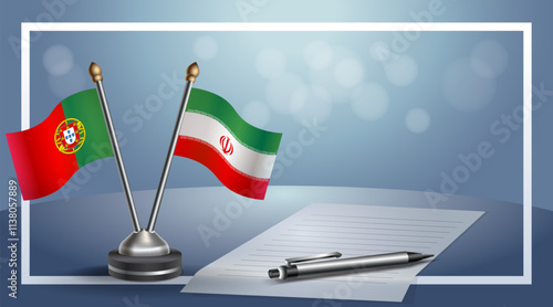 Portugal and iran National flags on small table with bokeh background, cooperative relationship