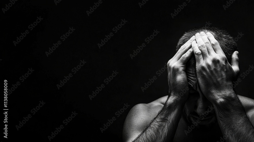 Close-Up of Person Holding Forehead in Expression of Distress and Emotion Close-Up of Person Holding Forehead in Expression of Distress and Emotion