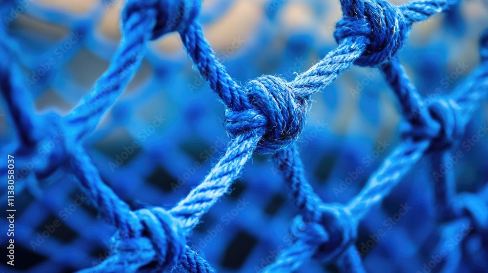 Close-up of intricate blue netting texture showcasing knots and woven fibers for background or design use Close-up of intricate blue netting texture showcasing knots and woven fibers for background or design use