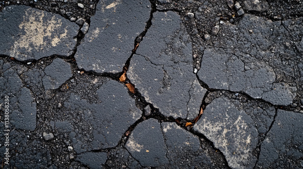 Obraz premium Textured dark gray cracked asphalt surface background for urban design and construction projects