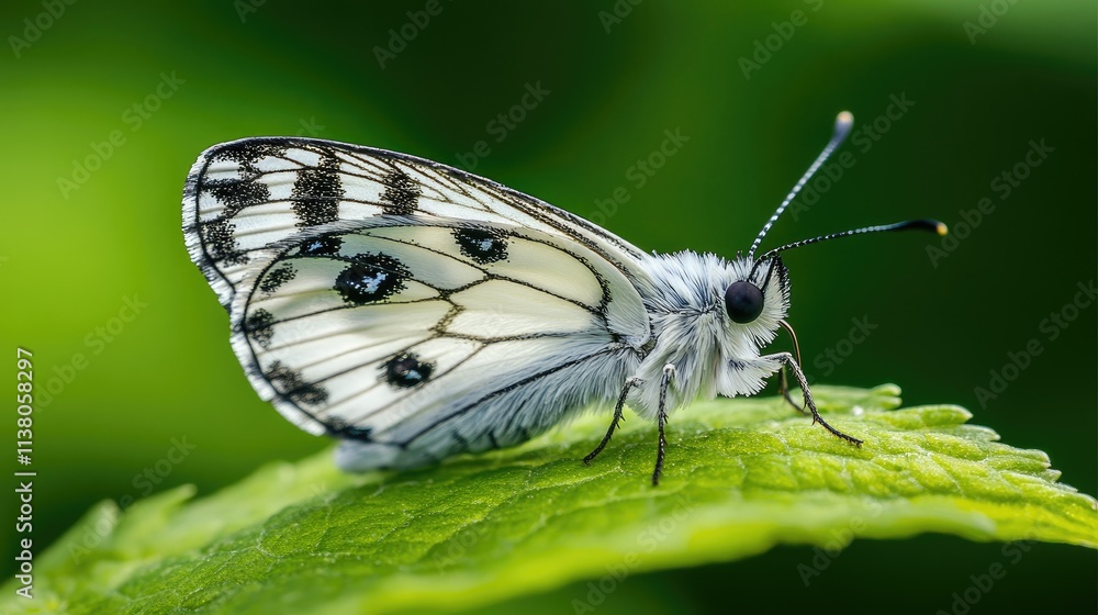 Obraz premium Close-up of a small black and white butterfly resting on a green leaf with a blurred background showcasing natural beauty and detail