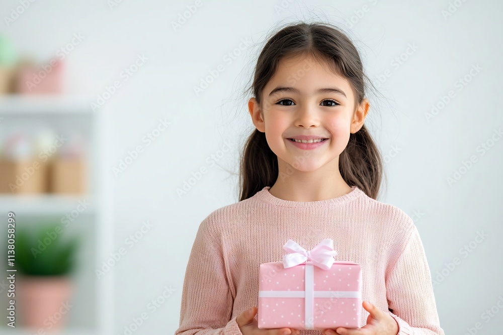 Cheerful Girl Holding Wrapped Easter Egg Gift with Warm Smile on Her Face Cheerful Girl Holding Wrapped Easter Egg Gift with Warm Smile on Her Face