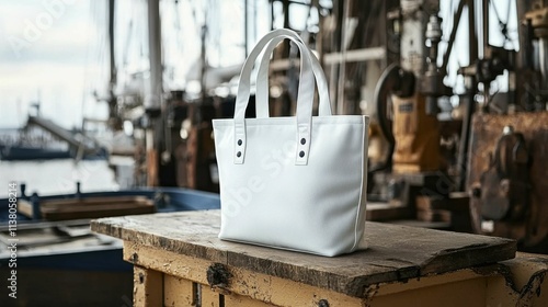 A stylish white tote bag rests on a wooden dock with boats in the background. The scene captures a serene waterfront ambiance, ideal for lifestyle branding. photo