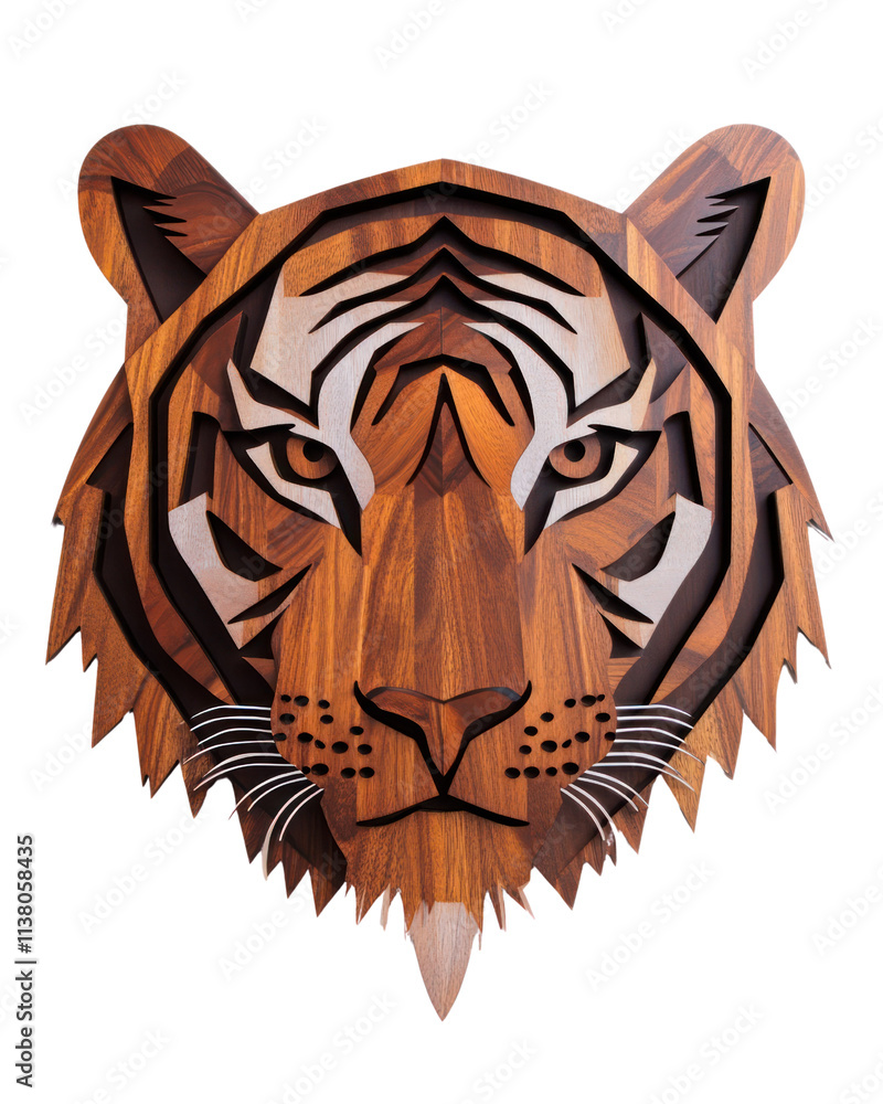 Obraz premium Geometric Wooden Tiger Head Sculpture on Isolated Transparent Background
