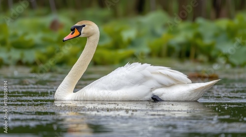 Elegant swan gliding gracefully across tranquil waters surrounded by lush greenery and serene nature ambiance photo