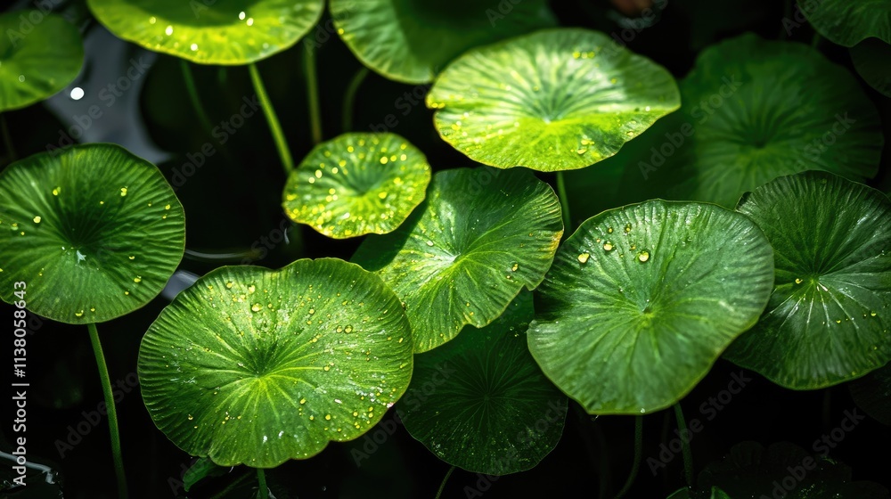 Lush Green Leaves with Water Droplets Backlit by Soft Light in a Tranquil Natural Setting Lush Green Leaves with Water Droplets Backlit by Soft Light in a Tranquil Natural Setting