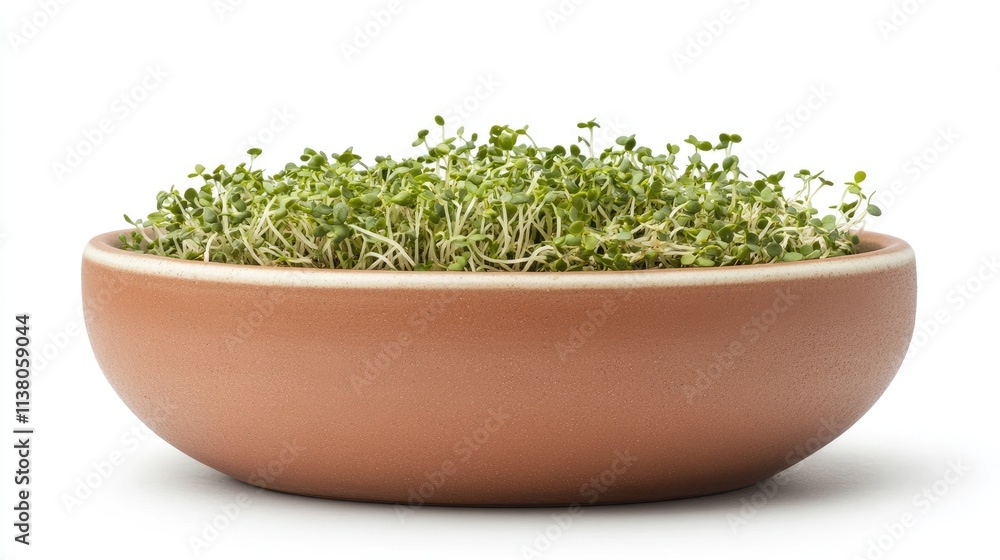 Alfalfa sprouts in a rustic ceramic bowl showcasing fresh greenery on a clean white background Alfalfa sprouts in a rustic ceramic bowl showcasing fresh greenery on a clean white background