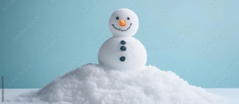 Charming snowman figurine surrounded by artificial snow on a serene light blue background ideal for festive winter décor themes Charming snowman figurine surrounded by artificial snow on a serene light blue background ideal for festive winter décor themes