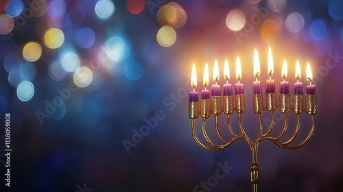 A beautiful menorah with glowing candles against a vibrant, colorful bokeh background. Perfect for festive themes. photo