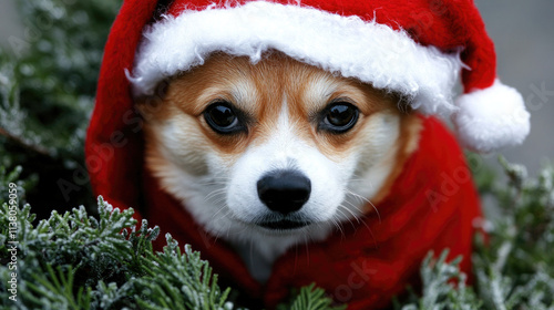 corgy in santa hat christmas tree photo