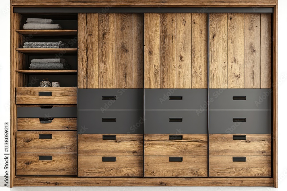 Modern wooden wardrobe with sliding doors, shelves, and drawers. Modern wooden wardrobe with sliding doors, shelves, and drawers.