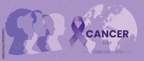 Vector horizontal world Cancer Day banner with purple ribbon, world silhouette map and silhouettes of women of different nationalities standing side by side. Cancer prevention poster