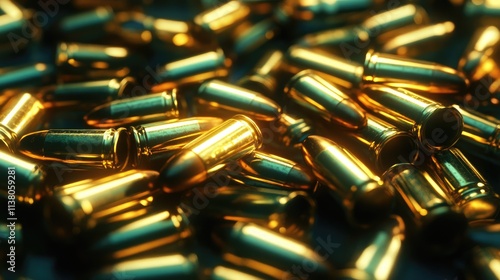 Close-up view of shiny 9mm full metal jacket pistol cartridges scattered on a dark surface highlighting their metallic sheen and details