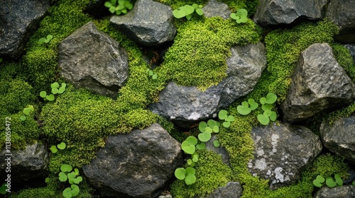 Lush green moss and small plants nestled among textured stones in a natural background setting for outdoor or gardening themes