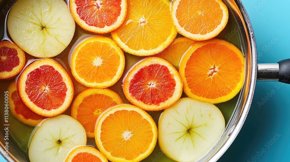 Fototapeta premium Fresh fruit slices of apples oranges and tangerines infused in an alcoholic drink in a saucepan on a vibrant blue background