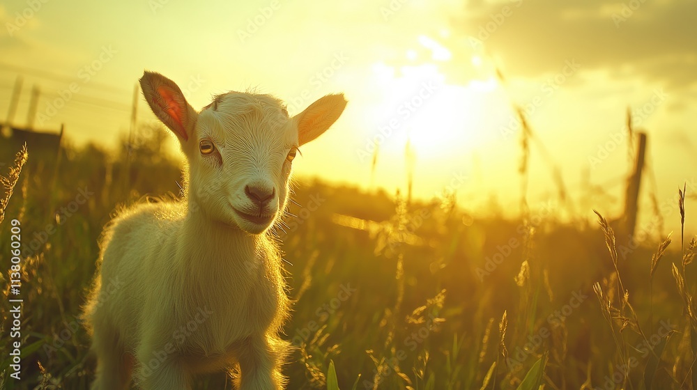 Playful baby goat in a sunlit farm pasture surrounded by tall grass against a backdrop of a vibrant sunset. Playful baby goat in a sunlit farm pasture surrounded by tall grass against a backdrop of a vibrant sunset.