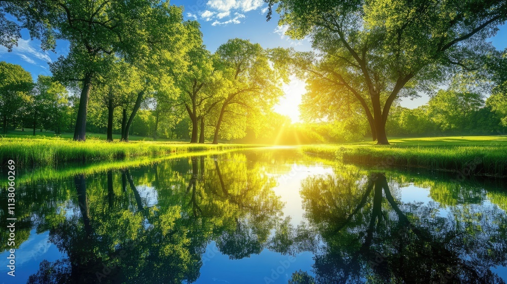 Fototapeta premium Serene summer landscape with sunlight illuminating trees by a calm river reflecting the clear blue sky and vibrant greenery.