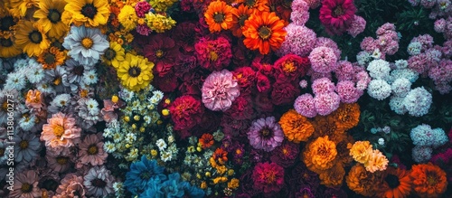 Vibrant colorful flowers on display at a farmer's market seen from an aerial perspective showcasing nature's beauty and variety.