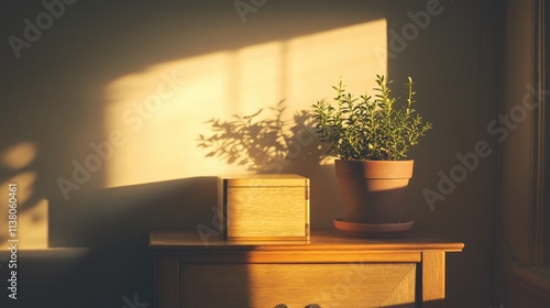 Serene view of a wooden box and potted plant on a cupboard illuminated by soft sunlight creating cozy home decor ambiance photo