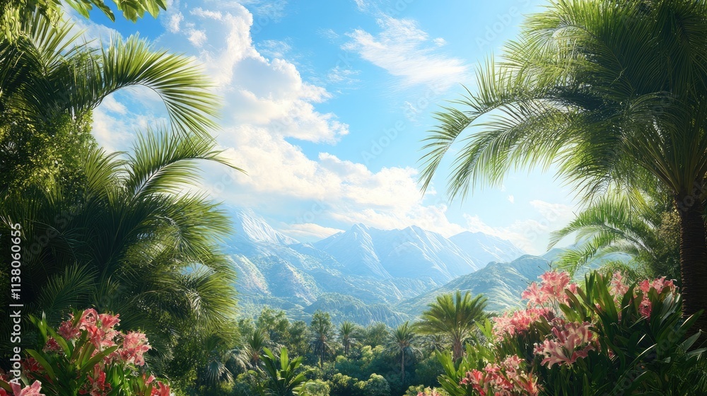 Lush tropical landscape with vibrant palm trees and majestic mountains under a bright blue sky Lush tropical landscape with vibrant palm trees and majestic mountains under a bright blue sky