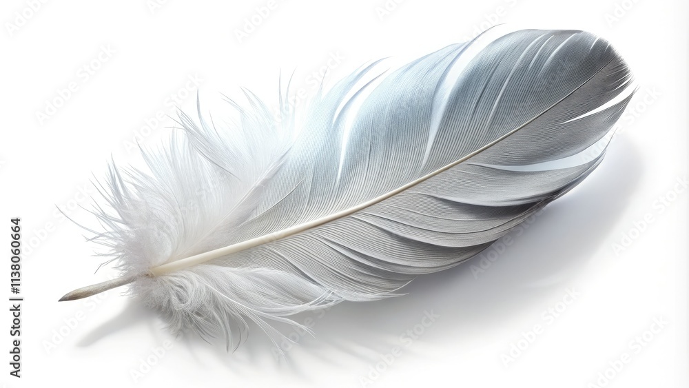 Obraz premium Soft, white dove feather isolated on a pure white background; a macro nature photograph.