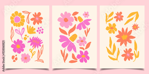 Set of abstract bright colours. Contemporary hand-painted field flowers. Floral cards, posters for printing