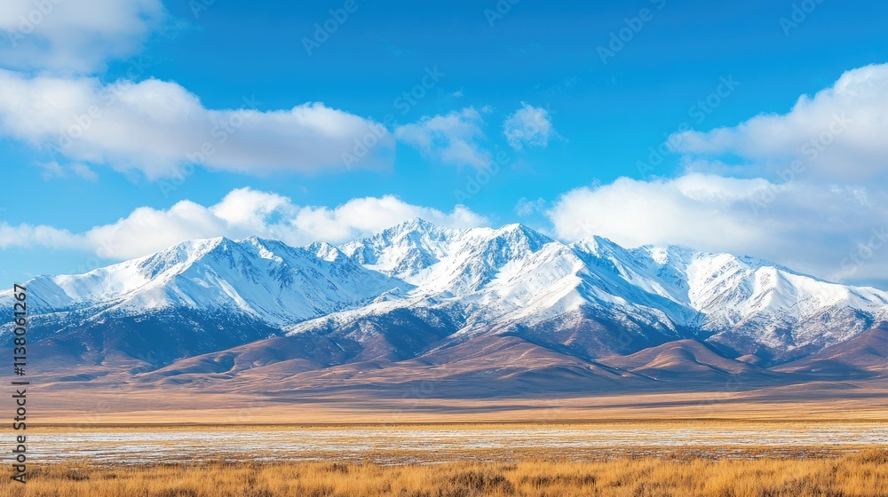 Stunning panorama of a snow-capped mountain range under a bright blue sky on a clear winter day Stunning panorama of a snow-capped mountain range under a bright blue sky on a clear winter day