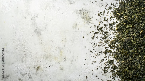 Background texture of loose leaf green tea scattered on white canvas creating a natural and artistic visual for culinary or wellness themes