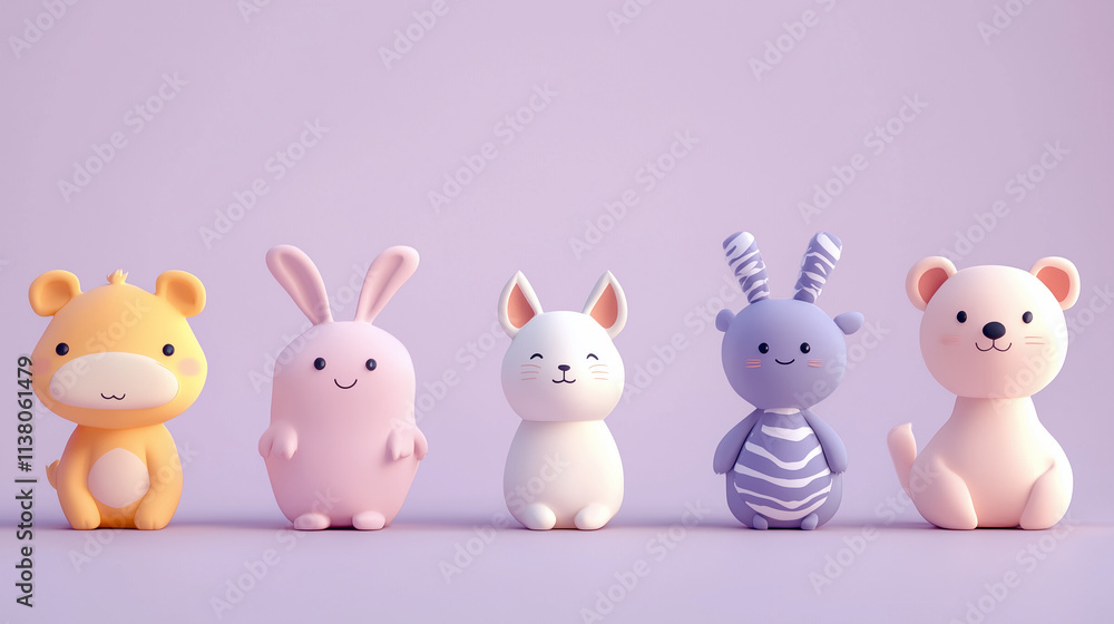 Cartoon animals in pastel colors, each with a playful expression, set against a light background. Cartoon animals in pastel colors, each with a playful expression, set against a light background.