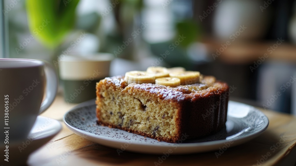 Homemade banana cake slice served with coffee in a cozy setting for delightful afternoon treats Homemade banana cake slice served with coffee in a cozy setting for delightful afternoon treats