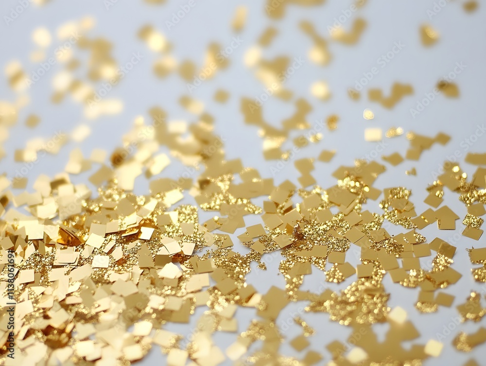 A close-up of shiny gold confetti scattered on a white surface. A close-up of shiny gold confetti scattered on a white surface.
