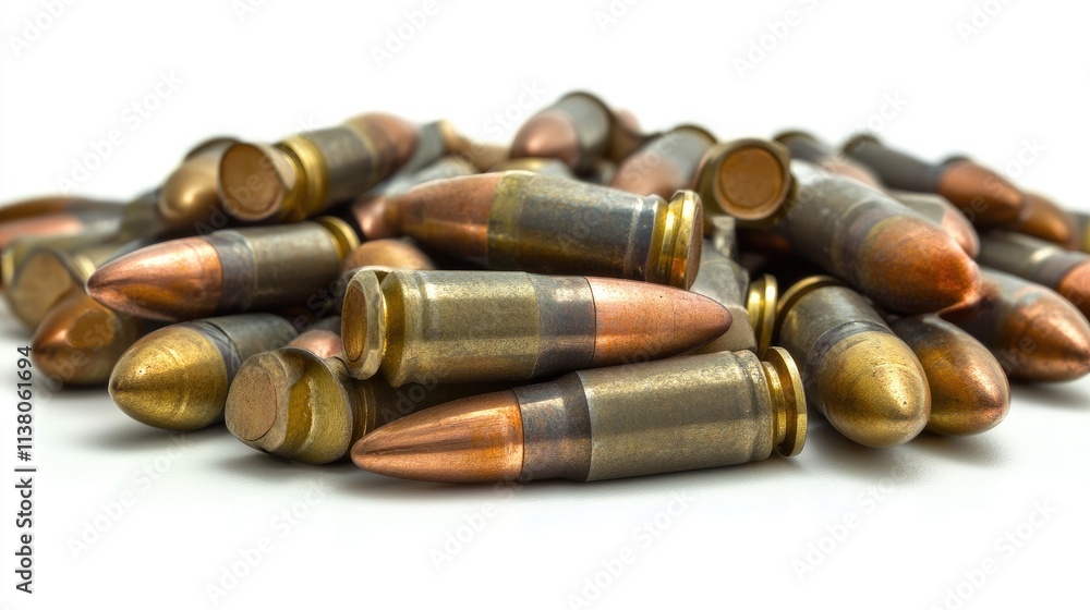 Assorted 5.56 mm projectiles piled on a white background showcasing various angles and details of military ammunition components. Assorted 5.56 mm projectiles piled on a white background showcasing various angles and details of military ammunition components.