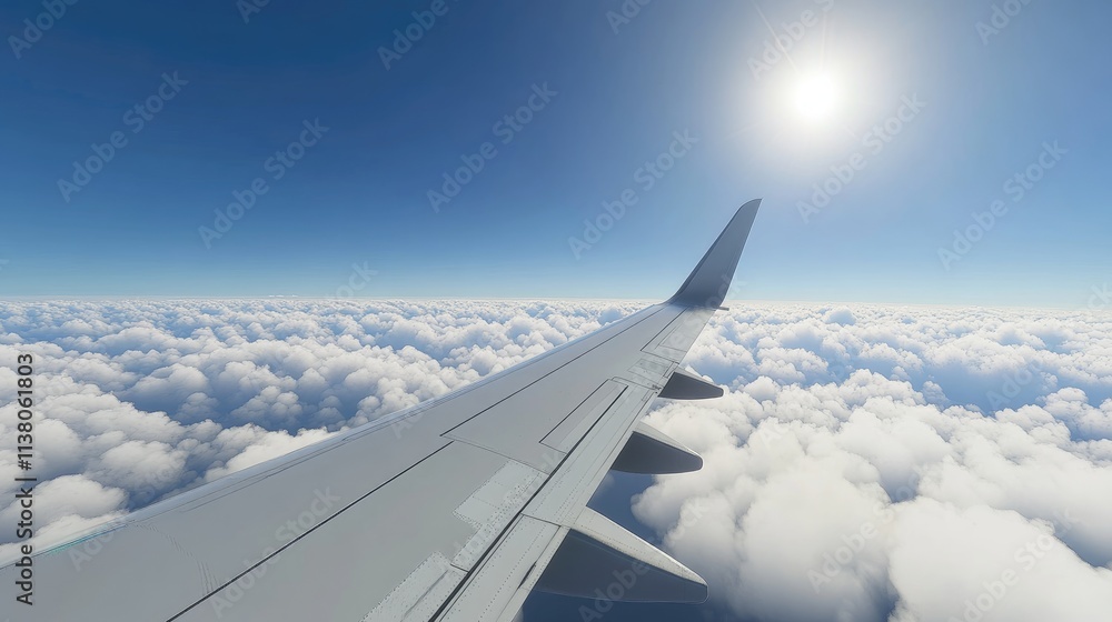 Fototapeta premium Aerial view from airplane window showcasing wing soaring above fluffy clouds under a bright sunlit sky