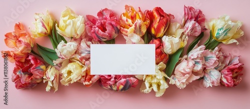 Wallpaper Mural Colorful parrot tulips arranged in a flatlay on a pink backdrop with a blank card for spring holiday ideas and copy space. Torontodigital.ca