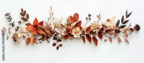 Fototapeta Naklejka Na Ścianę i Meble -  Autumn floral arrangement with dried leaves and flowers on a white backdrop creating a seasonal decoration concept for fall themes